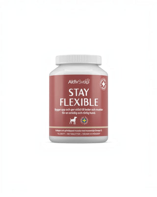 Hundinspiration AktivSvea Stay Flexible kosttillskott för hundars leder i en vit burk med röd etikett