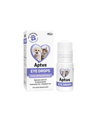 Hundinspiration Aptus ögondroppar för husdjur i 10 ml flaska med förpackning, innehåller hyaluronsyra.