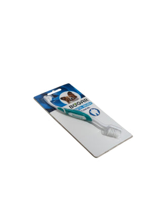 Hundinspiration Bogadent Ergo Dual Brush, en dubbelsidig tandborste för hundar med ergonomiskt handtag i förpackning.