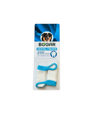 Hundinspiration Bogar fingertuta 2-pack för hundens tandvård i vit mikrofiber med blå detaljer i förpackning