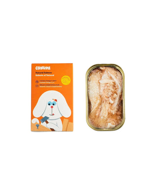 Hundinspiration Canumi lax topping i burk bredvid sin orangea förpackning med illustration av en hund