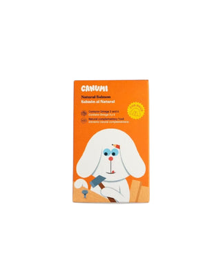 Hundinspiration Canumi lax topping i orange förpackning med illustration av en hund som bygger med hammare och spik