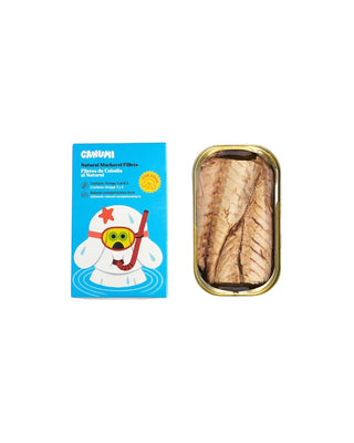 Hundinspiration Canumi makrill topping med blå förpackning och en burk med makrillfiléer för hundar