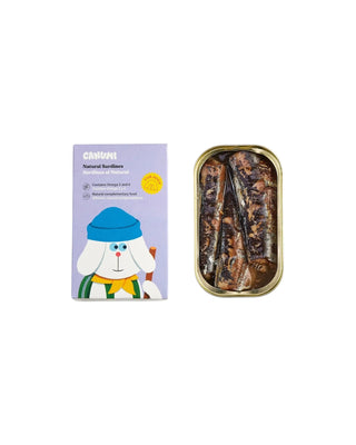 Hundinspiration Canumi sardiner i burk med lila förpackning, naturligt hundfoder rikt på omega-3 och protein.