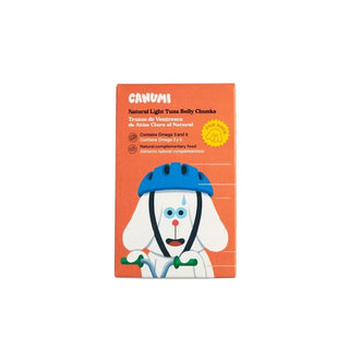 Hundinspiration Canumi tonfisk topping i orange förpackning med illustration av hund med blå cykelhjälm