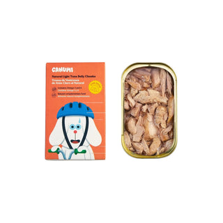 Hundinspiration Canumi tonfisk topping i konservburk med illustration av hund i cykelhjälm på förpackningen