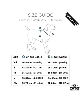 Storleksguide för Hundinspiration DOG Copenhagen Comfort Walk Pro sele med mått för bröst och hals i storlekar XS-XL.