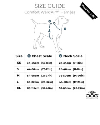 Storleksguide för Hundinspiration DOG Copenhagen Comfort Walk Air sele med mått för bröst och nacke