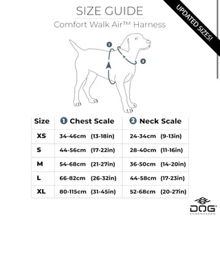 Storleksguide för Hundinspiration DOG Copenhagen Comfort Walk Air sele med mått för bröst och nacke i cm och tum.