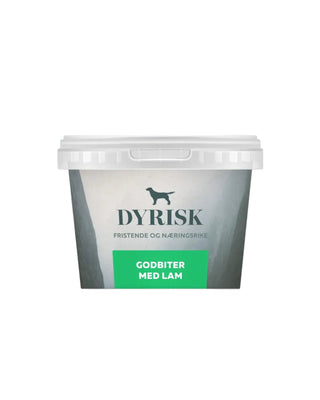 Hundinspiration Dyrisk hundgodis med lamm i en praktisk plastburk, perfekt som smakrik belöning för hundar.