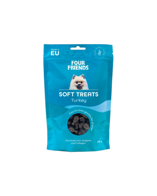 Hundinspiration Four Friends Soft Treats Turkey, mjuka och lättuggade hundgodisar med kalkonsmak i återförslutningsbar påse.