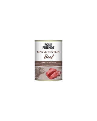 Hundinspiration Four Friends våtfoder med nötkött för hundar med känslig mage, 400g burk med singelprotein.