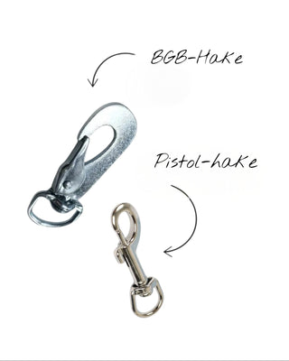 Hundinspiration Metizo koppelhakar i metall, en stor BGB-hake och en mindre standardhake för hundkoppel.