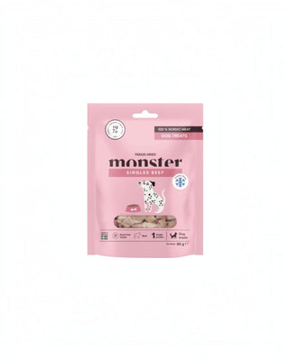 Hundinspiration Monster frystorkat hundgodis med nötkött i rosa förpackning, 100 % nordiskt kött.