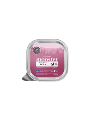 Hundinspiration Monster våtfoder paté med fläsk för vuxna hundar i en rosa förpackning på 150 gram.