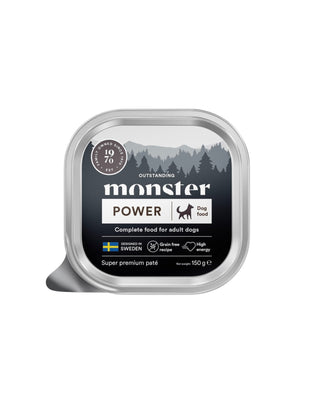 Hundinspiration Monster Power paté med kyckling för hundar, en spannmålsfri energirik våtfoderförpackning på 150g.