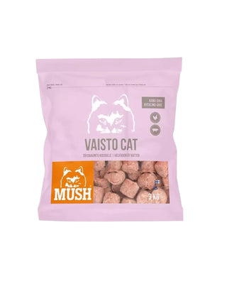 Hundinspiration MUSH Vaisto Cat rosa förpackning med frystorkat helfoder för katter med kyckling och gris