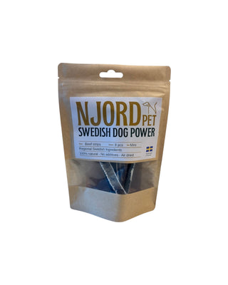 Hundinspiration Njord Pet nötstrips mini i 8-pack, naturligt lufttorkat hundtugg av svensk kohud i papperspåse.