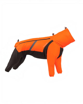 Hundinspiration Non stop dogwear Fjord overall regnjacka i orange och svart med reflexdetaljer och justerbar passform.