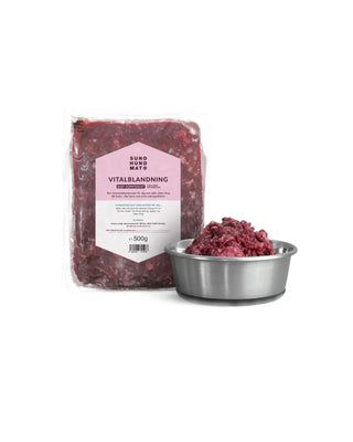 Hundinspiration Sund hundmat Vitalblandning, ett näringsrikt BARF-tillskott av nötkött i 500g förpackning och skål.